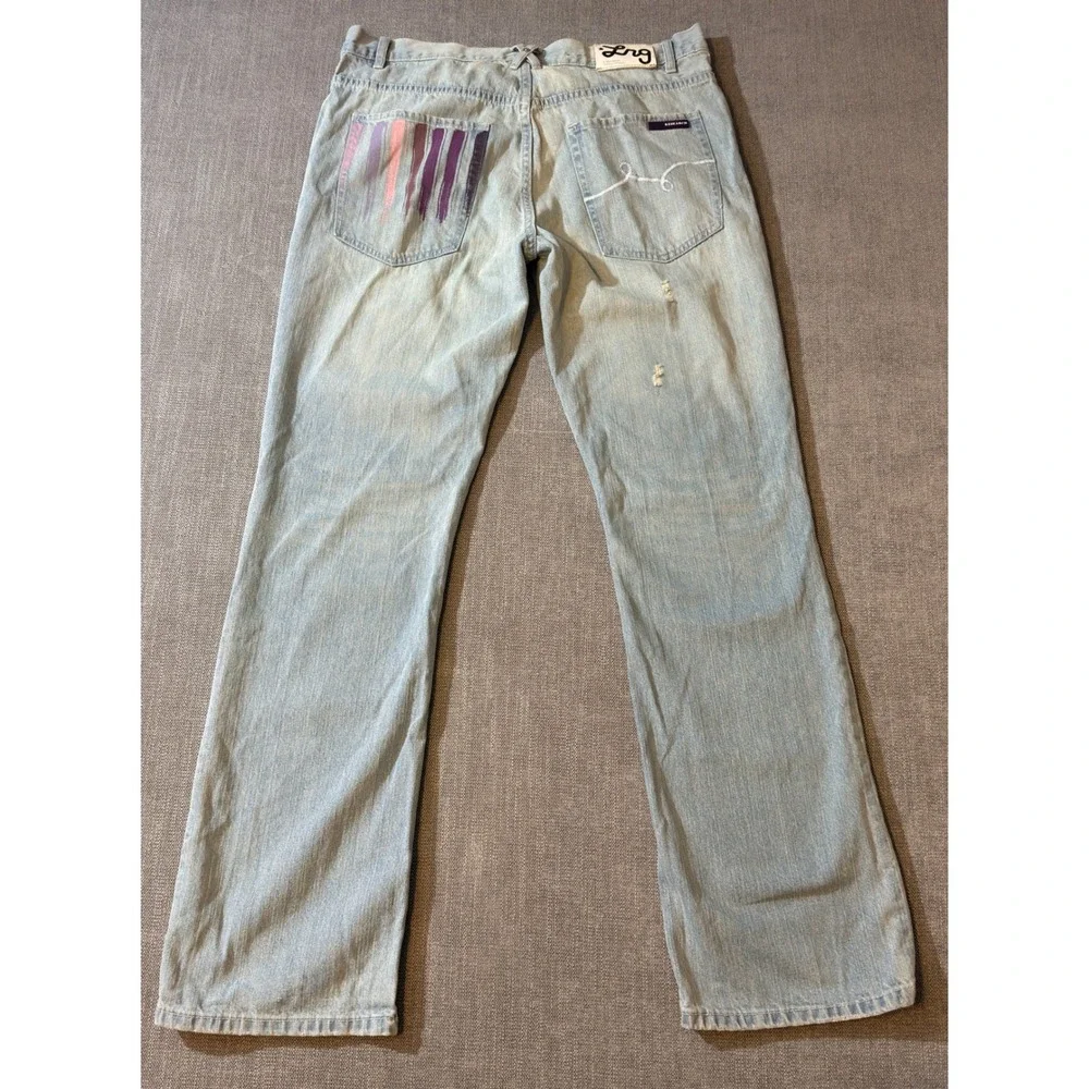 LRG Research Jeans‎ Mens Size 36x34 Light Wash Distressed Graphic Back Pockets